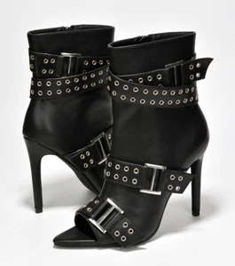 Sexy botas al tobillo con correa para cinturón Slay punta abierta tacones de aguja cuero vegano negro - Imagen 1 de 6