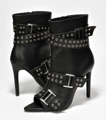 Sexy botas al tobillo con correa para cinturón Slay punta abierta tacones de aguja cuero vegano negro Foto 1 de 4