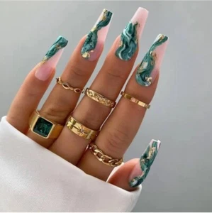 24 pz L verde bara oro nero glitter unghie finte finte pressa unghie sulle unghie - Foto 1 di 9