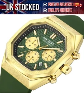 MEGIR Mens Watch Quartz Chronograph - Silicone Strap - Luminous Hands - Green - Picture 1 of 8