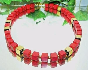 Halskette Würfelkette Cube Hämatit Würfel gold Howlith   Rot   456q - Bild 1 von 7