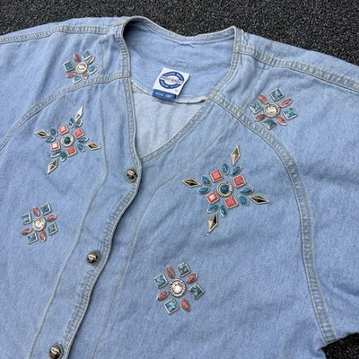 Vintage 90s Denim Shirt Jacket W BINGO! BINGO! Petite 14P Jeweled Western USA - Image 1 of 4