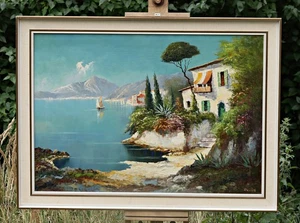 Großes Ölbild – Mediterrane Küstenlandschaft mit Segelboot – signiert – Rahmen - Picture 1 of 6