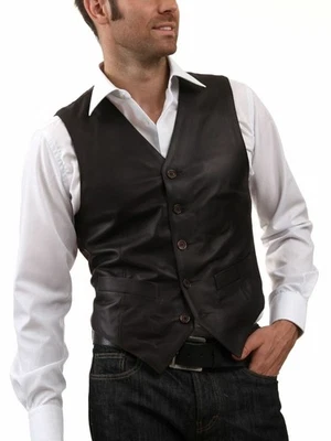 DESIGNER New Men's Black Vest Coat Pure Lambskin Style Slim Fit Waist Coat - Image 1 of 4