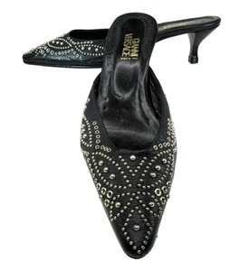 vtg GIANNI VERSACE black leather studded Mule Shoes kitten heel Italy EU 36 US 6 - Picture 1 of 15