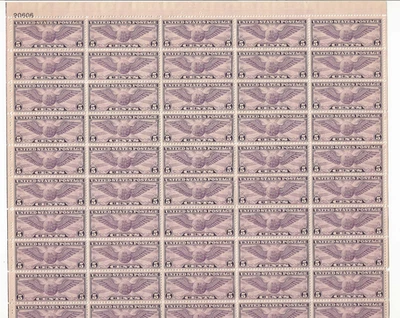 US Scott #C16 mint never hinged sheet of 50 w/pl# block of 4, 5c violet winged - Image 1 of 2