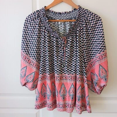 C&C California Women's Pink/Blue Paisley Linen Blend Peasant Smocked Top Size L - Image 1 of 4