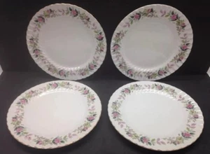Regency Rose Creative 4 Dinner Plates Pink Roses Gray Green Leaves Gold Trim E8 - Picture 1 of 2
