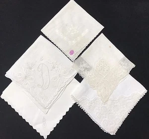Vintage White Wedding Bridal Hankies Lot with Embroidery Lace Tatting (RF640) - Picture 1 of 9