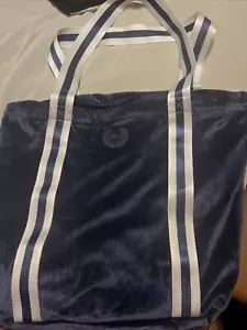Victoria Secret PINK Tote Bag Velvet Navy Blue White Stripe Zip Up Closure Ribbe - Picture 1 of 9