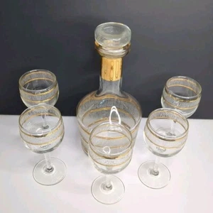 Mid Century 22K Gold CULVER VALENCIA Glass Decanter 5 Stem Wine Glasses - Picture 1 of 24