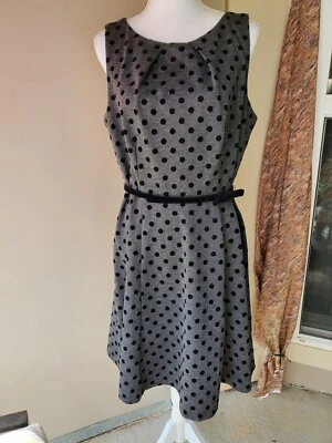 ELLE Dress Womens Large Gray Black Polka Dot Belted Sleeveless Stretch Lined - Image 1 of 4
