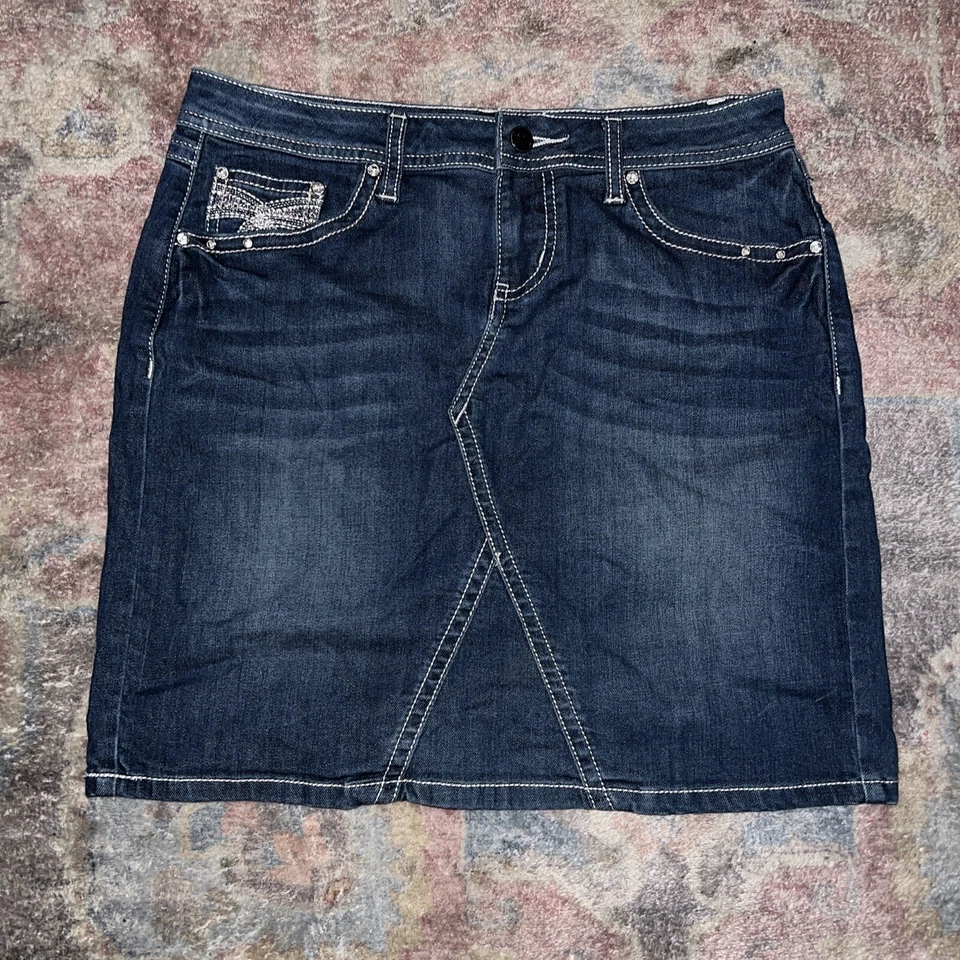 Vintage Earl Jean Women's Blue Stretch Denim Jean Skirt Bling Pockets Sz 6Petite - Image 1 of 4