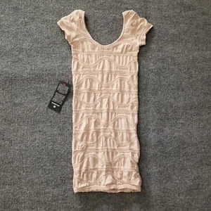 Bebe Women Bodycon Dress M/L Beige Nude Cap Sleeves Nylon Stretch - POWT* - Picture 1 of 12
