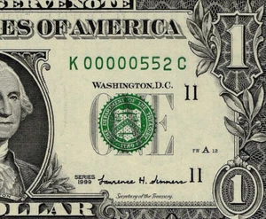 1999 $1 Federal Reserve Note Low 3 digit Serial Number Dallas K00000552C PMG 65 - Picture 1 of 4