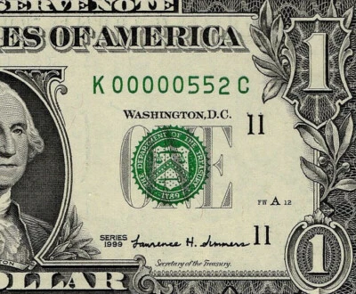 1999 $1 Federal Reserve Note Low 3 digit Serial Number Dallas K00000552C PMG 65 - Image 1 of 4