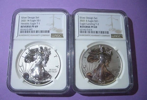 2021 NGC PF69 REVERSE PROOF SILVER EAGLE 2COIN DESIGNER W/Case/COA/Brown Label - Picture 1 of 3