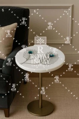 12" Peacock Feather Inlay Table – White Marble Round Handmade Side Table - Image 1 of 4