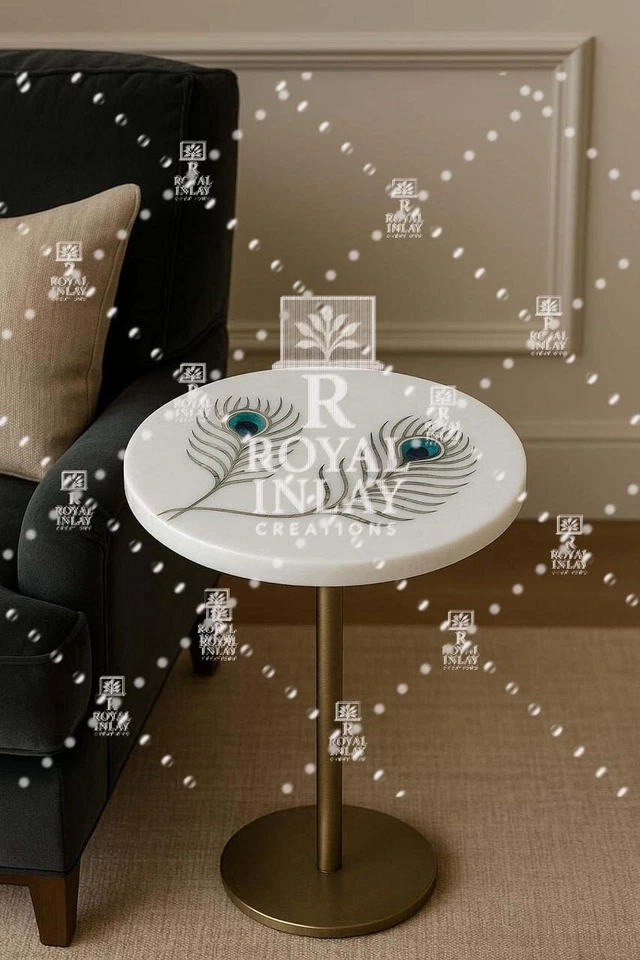 12" Peacock Feather Inlay Table – White Marble Round Handmade Side Table - Image 1 of 4