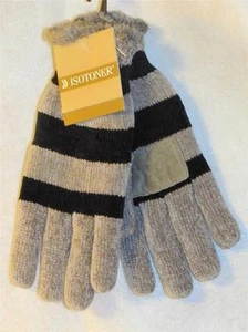 New Women's ISOTONER Gray & Black Striped Knit Gloves w/ Faux Fur Lining, One Sz - Picture 1 of 4