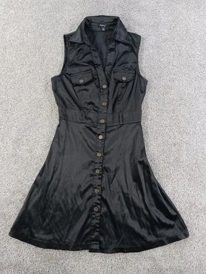 Vestido camisero Rhapsody pequeño para mujer negro sin mangas con cuello abotonado Foto 1 de 4