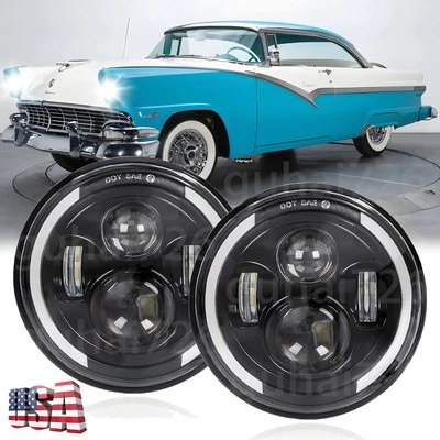 For Ford Fairlane 1955 1956 1957 2PC 130W 7inch Round LED Headlights HI/LO Bulbs - Image 1 of 4