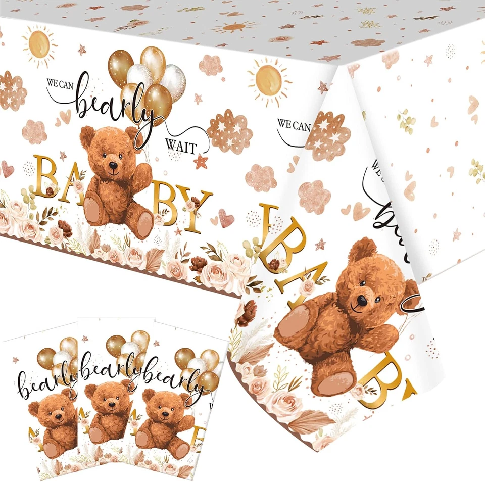 3 Pcs Bear Baby Shower Decorations Tablecloth We Can Bearly Wait Bear Table Cove - Image 1 of 4