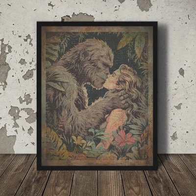 Vintage BIGFOOT LOVE Wall Art, SASQUATCH KISS Flower Poster, Cryptid Yeti Decor - Image 1 of 4
