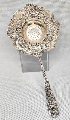 Silver Plated 7.5" long Floral Embossed Handled Tea Strainer 1970s TEA Time! - Image 1 of 4