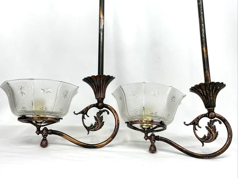 PAIR Antique Victorian Japanned Copper Converted Gas Pendant Gasolier Arts Craft Cover
