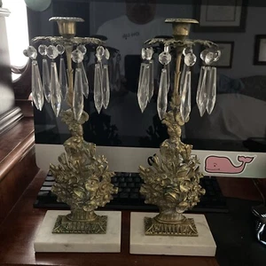 Antique French Floral Gilt Bronze Candlesticks w/ Marble Base And Crystal Drops. - Picture 1 of 4