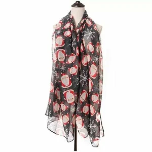 Ladies Christmas Festive Scarf Santa Claus Print Winter Snowflake Gift Shawl - Picture 1 of 2