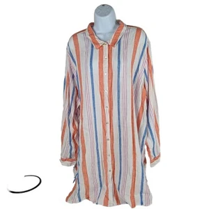 Jones New York Womens Long Shirt 3X 100% Linen Roll Tab Beach Coastal Striped - Picture 1 of 11