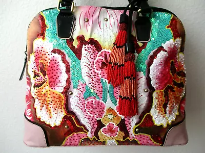 Sharif Pink Orchard Hand-Painted Embellished Leather Shopper Purse - NWT - Image 1 of 4