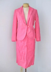 Vtg 60s Suburbia hot pink linen 2-pc skirt jacket secretary suit Palm Beach 8 - Picture 1 of 10