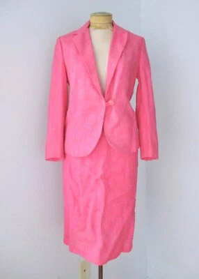 De Colección Años 60 Suburbia Rosa Caliente Lino 2 Piezas Falda Chaqueta Traje Secretaria Palm Beach 8 Foto 1 de 4