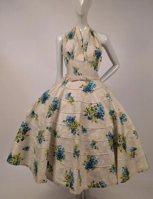 DULCE VESTIDO HALTER FLORAL CHINTZ ALGODÓN VINTAGE DE VERANO AÑOS 50 CON FALDA DE RIBETE Foto 1 de 4