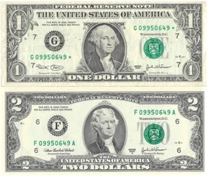 Oner Dollar Two Dollar Lot Matching Serial Numbers One Star Note - Picture 1 of 6