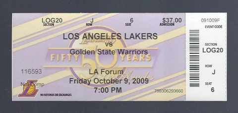 STEPH CURRY PRE DEBUT - 2009 NBA WARRIORS @ LAKERS FULL BASKETBALL TICKET - KOBE Cover