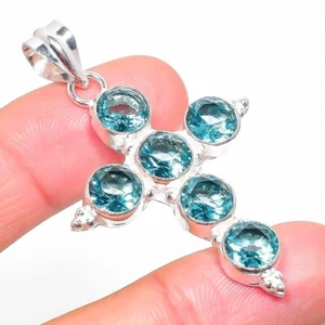 Aqua Aquamarine Gemstone Handmade 925 Sterling Silver Jewelry Pendant Sz 2" - Picture 1 of 1