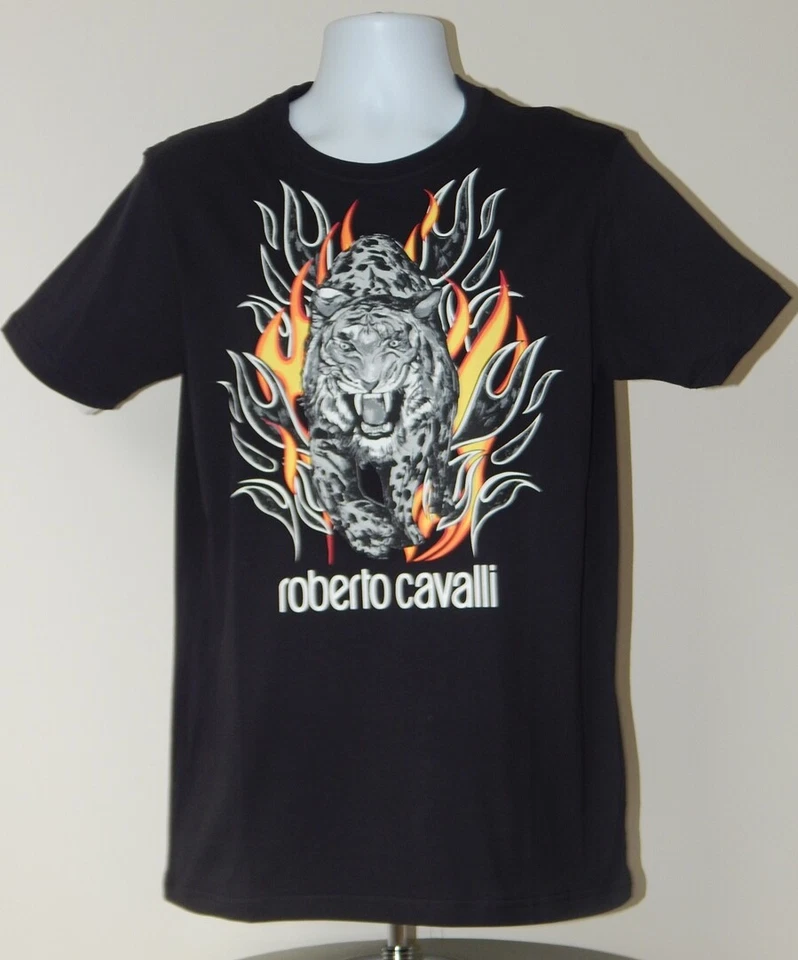 Roberto Cavalli FST960 Men's Black Graphic T Shirt Flaming Tiger Size XL