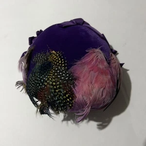 VTG Women’s Handmade Hat Purple Fabric with Multicolor Feathers Purple Bows - Picture 1 of 15