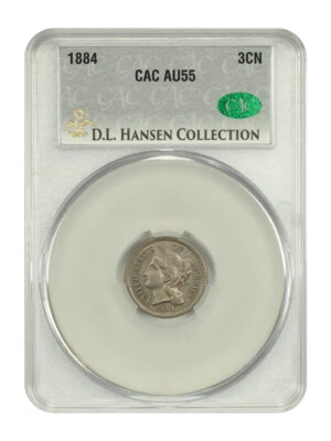 1884 3CN CACG AU55 ex: D.L. Hansen - Tres centavos de níquel Foto 1 de 4