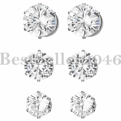 Stainless Steel Round Cut Clear CZ Magnetic Stud Earrings Non-Piercing Clip On - Image 1 of 4