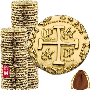 Gold Metal Pirate Coins – 100 Gold Treasure Coin Set, Metal Replica Spanish Doub - Picture 1 of 12