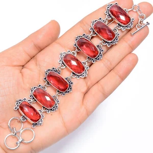 Lab-Created Red Garnet Gemstone 925 Silver Handmade Bracelet 6-8" ARB-616 - Picture 1 of 3