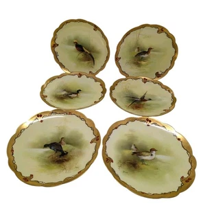 6 handbemalte Spiel Vogel Teller Jul H Brauer signiert Limoges Porzellan 9,25" Gold - Bild 1 von 24