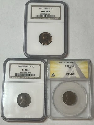 (Lote A 1) 1909P, 1909-VDB, 1909-S, Conjunto de 3 Moedas de Trigo Classificadas, Com Semi-Chave 1909-S! - Imagem 1 de 4