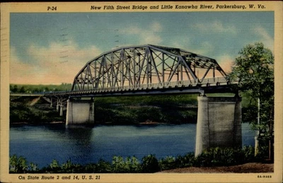 Parkersburg WV Little Kanawha River Fifth Street Bridge 1946 linen postcard - Image 1 of 2