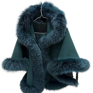 Green Cape Coat Trim Fur Fox - Picture 1 of 8